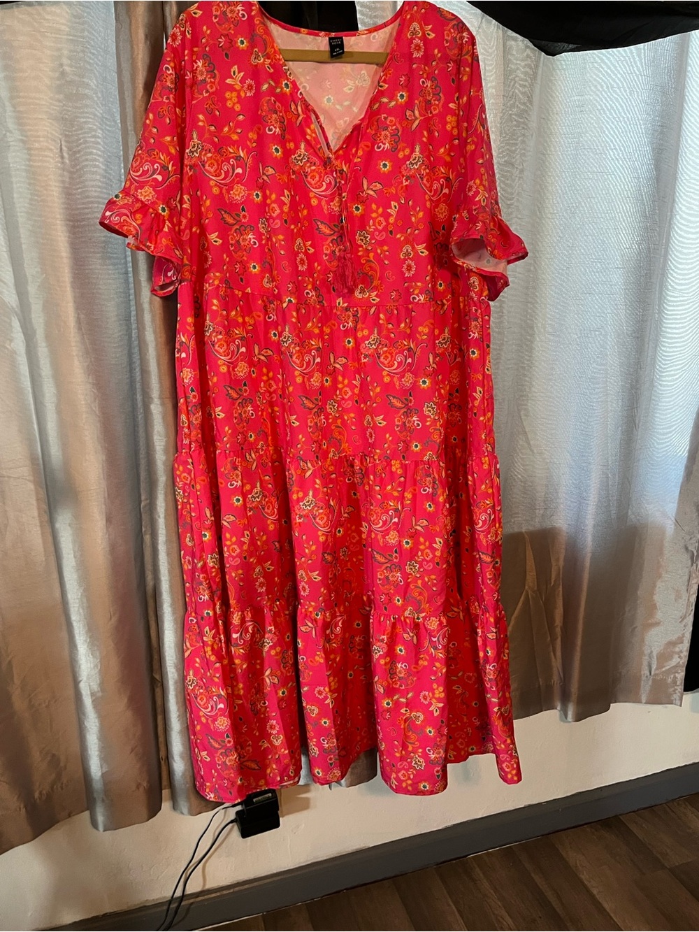 V-Neck Tiered Midi Dress in Vibrant Pink Floral